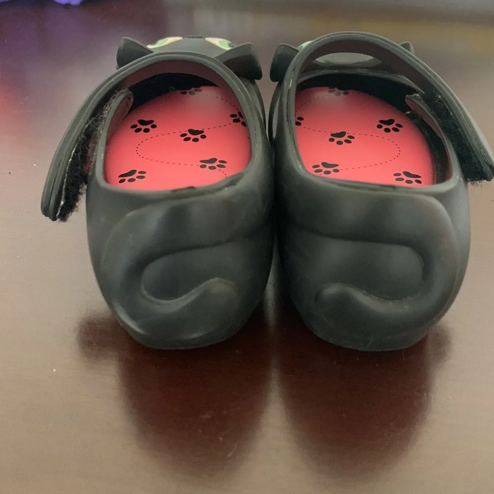 Mini Melissa Black Cat Mary Janes with Pink Insoles and Green Eyes
